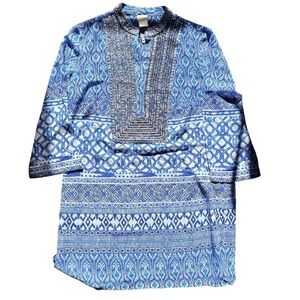 Women’s Blue Embellished Tunic Top Sleeve Boho Resort Wear Chicos Size 0 Size S